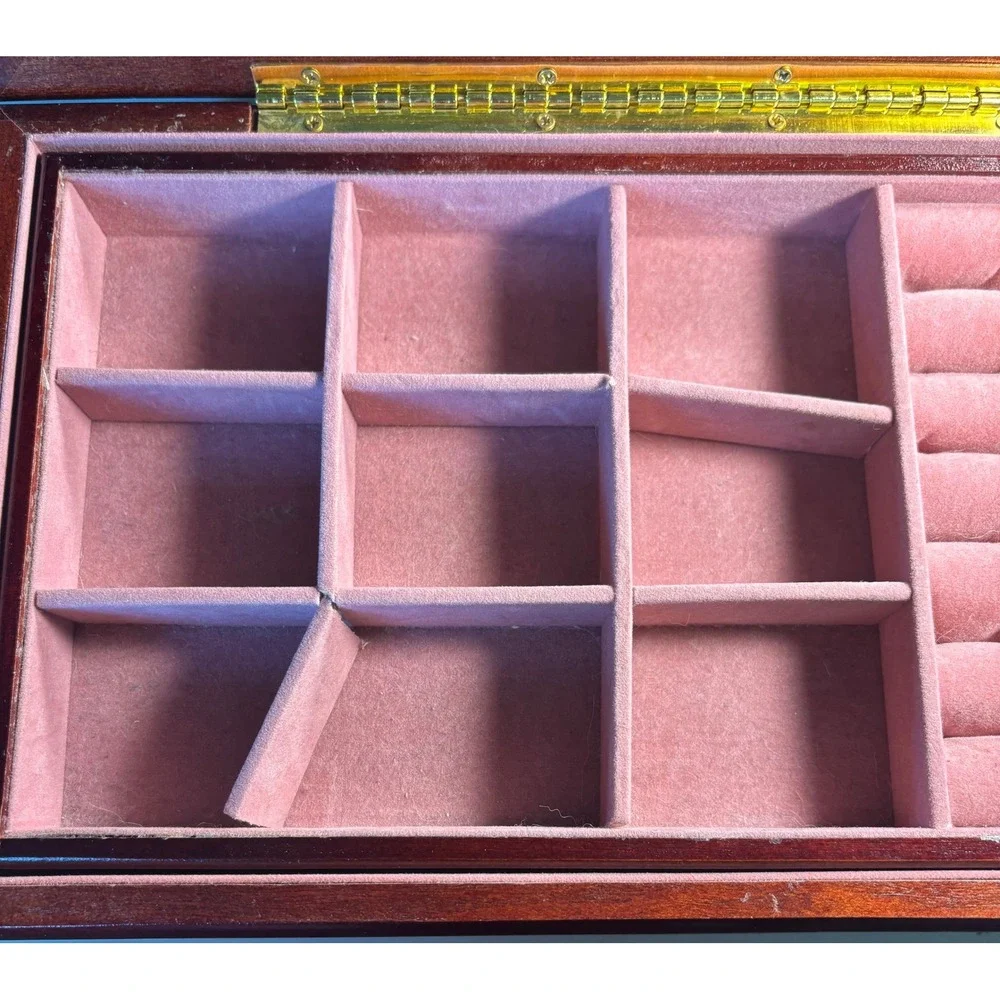 Vintage Floral Tapestry Wooden Jewelry Box Pink Velvet Lining Mirror Organizer